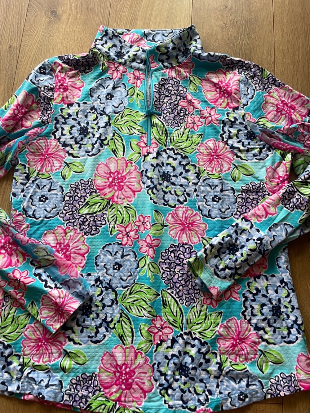 IBKUL Floral Quarter-Zip Pullover in Turquoise, Pink & Blue - Picture 3 of 5